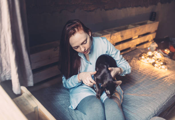 istock Red-haired girl sitting with a cat by the window 1225602736