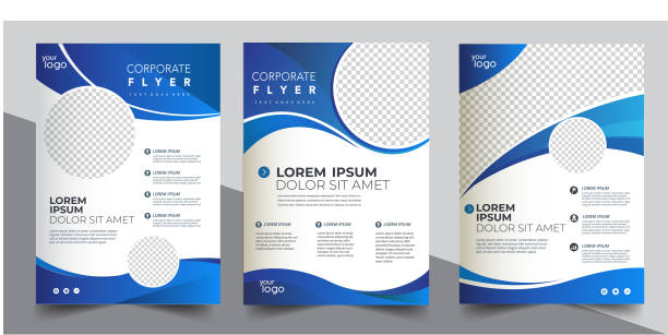 브로셔 디자인, 현대적인 레이아웃, 연례 보고서, 포스터, 파란색 삼각형a4 전단지 커버 - 플랫 레이 stock illustrations