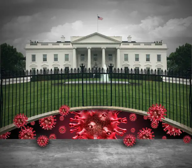 White House US coronavirus challenges and United States covid-19 virus infection issues as an American healthcare crisis with the USA flag with contagious cells with 3D illustration elements.