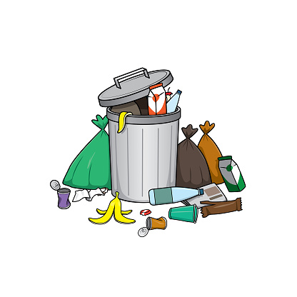 Trash cans that are full of used things, such as bottles of water, garbage bags, food waste in a white background For assembly, Or create teaching material for mothers who do Homeschool And teachers who find pictures for teaching materials.