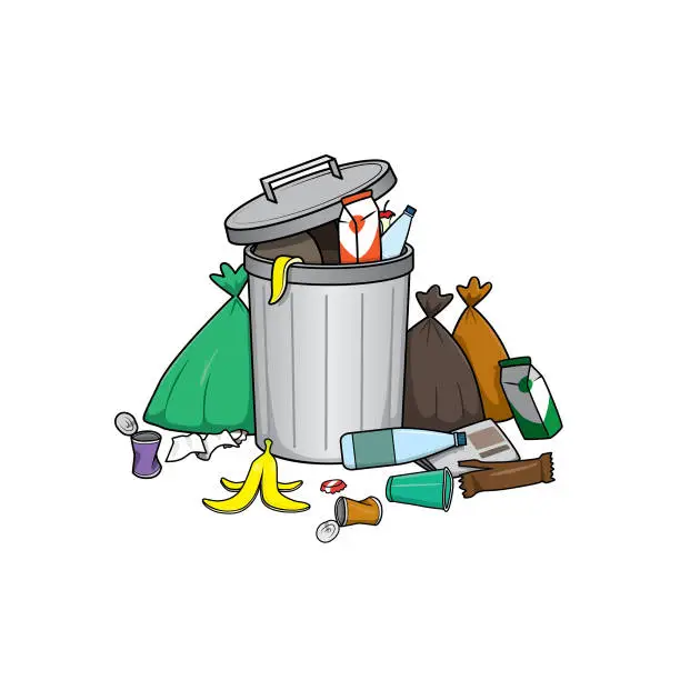 Vector illustration of Trash cans that are full of used things, such as bottles of water, garbage bags, food waste in a white background For assembly, Or create teaching material for mothers who do Homeschool And teachers who find pictures for teaching materials.