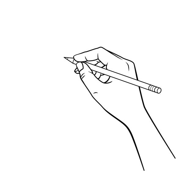 ilustraciones, imágenes clip art, dibujos animados e iconos de stock de mano blanca y negra sosteniendo un lápiz rojo en un fondo blanco para montaje o crear material didáctico para las madres que hacen educación en casa y los maestros que encuentran imágenes para materiales de enseñanza como tarjetas o libros infantiles. - hand drawing