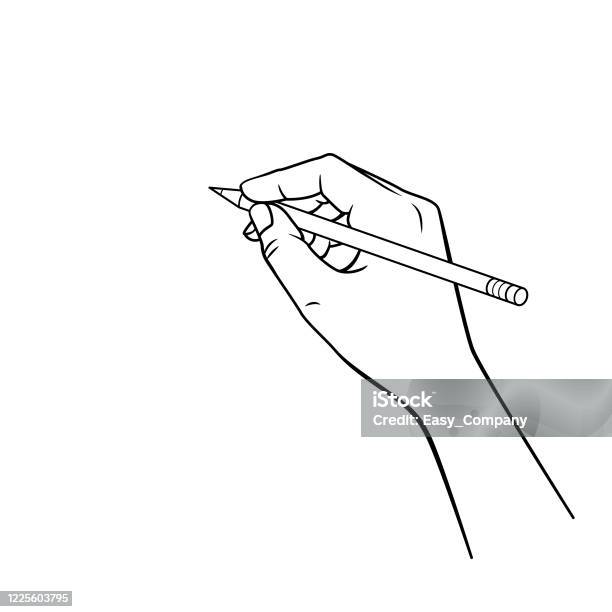 Black And White Hand Holding A Red Pencil In A White Background For Assembly Or Create Teaching Material For Mothers Who Do Homeschool And Teachers Who Find Pictures For Teaching Materials Such As Flashcards Or Childrens Books Stock Illustration - Download Image Now