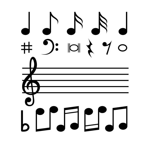 흰색 배경의 다양한 형식의 음악 노트 어셈블리 또는 홈 스쿨을 수행하는 어머니를위한 교육 자료를 만들 및 플래시 카드 또는 어린이 책과 같은 교재에 대한 사진을 찾을 교사. - musical note music musical staff treble clef stock illustrations