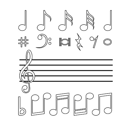 ฺBlack and White of Music notes in various formats in a white background For assembly Or create teaching material for mothers who do Homeschool And teachers who find pictures for teaching materials such as flashcards or children's books.