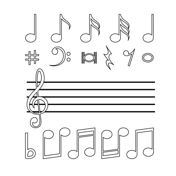 Vector illustration of ฺBlack and White of Music notes in various formats in a white background For assembly Or create teaching material for mothers who do Homeschool And teachers who find pictures for teaching materials such as flashcards or children's books.