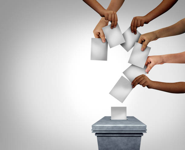 Community Vote Question Community vote question mark and voting questions concept as diverse multicultural hands holding blank papers casting ballots at a polling station as voter confusion with 3D illustration elements. nomination stock pictures, royalty-free photos & images