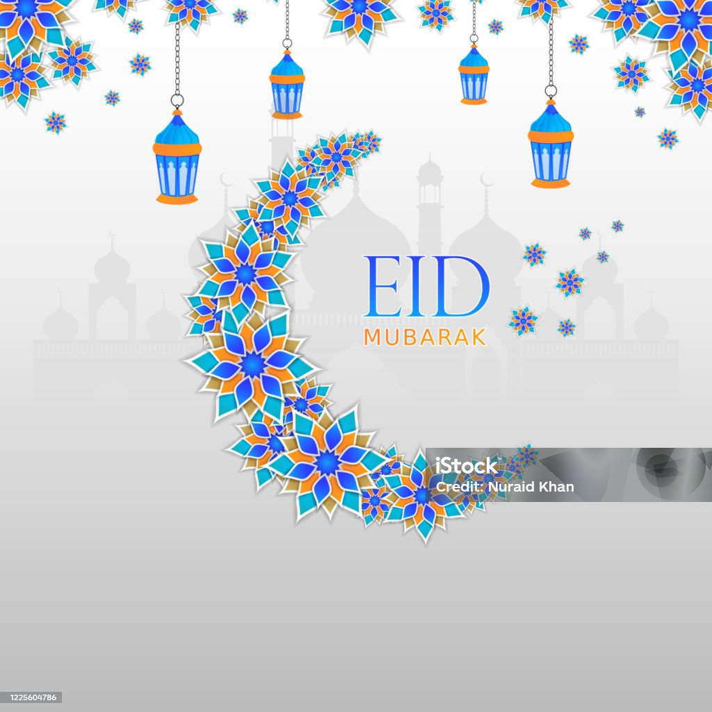 Eid Mubarak Background Design With Beautiful Floral Moon Masjid ...