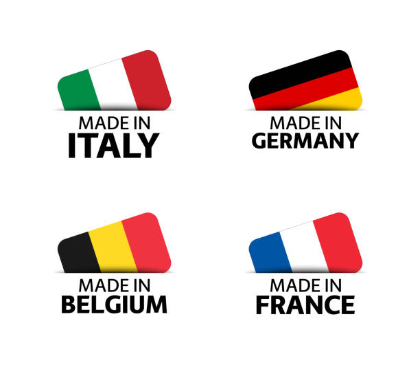 ilustrações, clipart, desenhos animados e ícones de conjunto de quatro adesivos italianos, alemães, belgas e franceses. feito na itália, feito na frança, fabricado na alemanha e feito na bélgica. ícones simples com bandeiras isoladas em um fundo branco - german culture