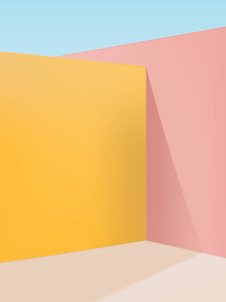 illustrazioni stock, clip art, cartoni animati e icone di tendenza di vector vibrant pastel geometric studio shot corner sfondo, rosa, giallo & beige - muro