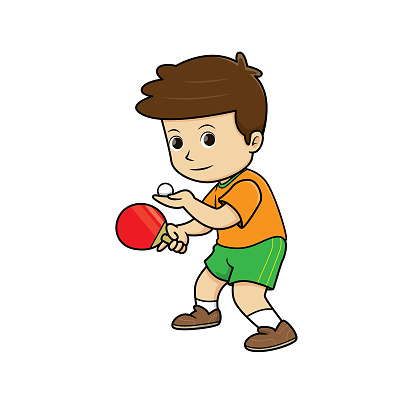 Table tennis player illustration Wearing an orange shirt And green pants In the jumping position to play football. In a white background for assembling or creating teaching materials for moms doing homeschooling and teachers searching for images for teaching materials such as flashcards or children's books