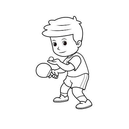 Black and White Table tennis player illustration Wearing an orange shirt And green pants In the jumping position to play football. In a white background for assembling or creating teaching materials for moms doing homeschooling and teachers