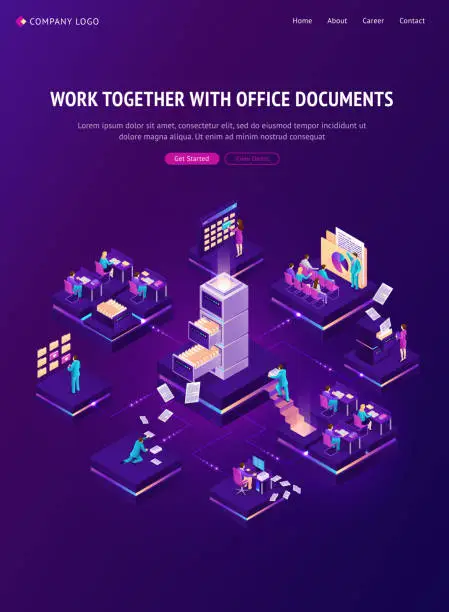 Vector illustration of Work with documents isometric landing page, banner