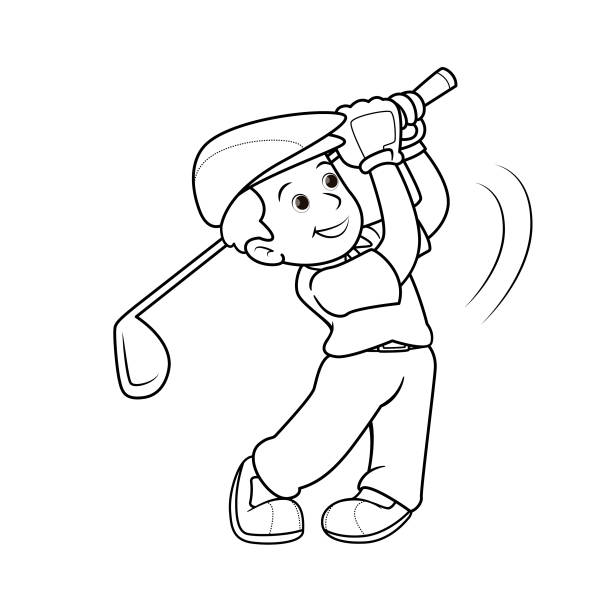 Black and White Golfers wearing yellow shirts And a brown hat Being in the swinging posture position In a white background for assembling or creating teaching materials for moms doing homeschooling and teachers. Stock Illustration: Golfers wearing yellow shirts And a brown hat Being in the swinging posture position In a white background for assembling or creating teaching materials for moms doing homeschooling and teachers searching for images for teaching materials such as flashcards or children's books. clip art of how to draw a train stock illustrations