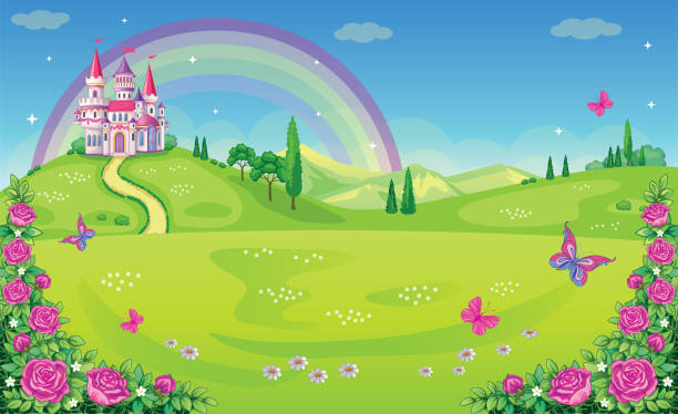 花の牧草地とおとぎ話の背景。ワンダーランド。漫画、子供のイラスト。プリンセスの城と虹。素晴らしい風景。バラ、蝶と美しい公園。ロマンチックな物語。ベクトル - プリンセス点のイラスト素材／クリップアート素材／マンガ素材／アイコン素材