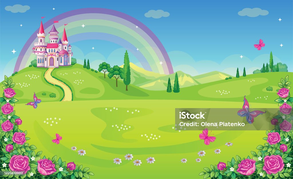 Fairytale Background With Flower Meadow Wonderland Cartoon Childrens  Illustration Princesss Castle And Rainbow Fabulous Landscape Beautiful Park  With Roses Butterflies Romantic Story Vector Stock Illustration - Download  Image Now - iStock