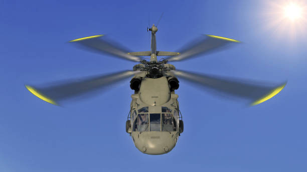 istock Helicopter in flight, military aircraft, army chopper flying in sky with clouds, front top view, 3D rendering 1225610042