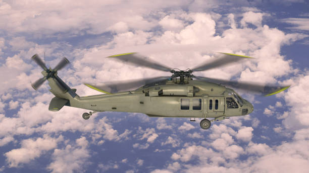 istock Helicopter in flight, military aircraft, army chopper flying in sky with clouds, side view, 3D rendering 1225610092