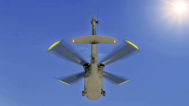istock Helicopter in flight, military aircraft, army chopper flying in sky with clouds, rear bottom view, 3D rendering 1225610109