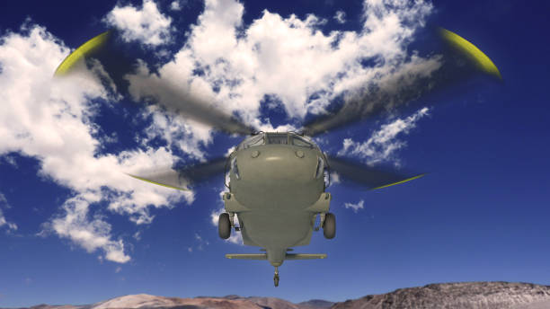 istock Helicopter in flight, military aircraft, army chopper flying in sky with clouds, front bottom view, 3D rendering 1225610117