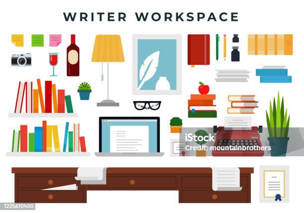 Writer Work Place Writer Working Place Set Of Flat Style Elements Writer Cabinet Interior ...