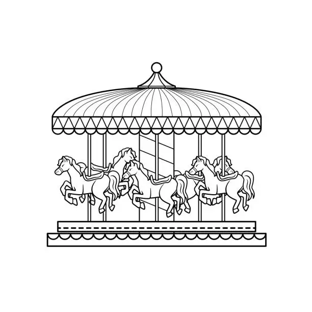 Vector illustration of Black and White Drawing illustration of a carousel in a white background For assembly Or create teaching material for mothers who do Homeschool And teachers who find pictures for teaching materials such as flashcards or children's books.