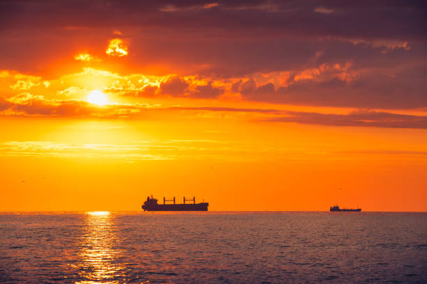istock Sun setting at the sea with sailing cargo ship, scenic view 1225610981