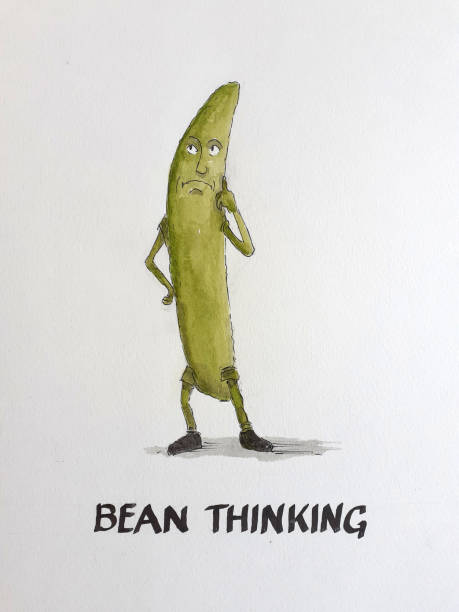 Bean - Thinking Funny illustration of a green bean thinking. Tag line reads 'bean thinking'. thinking of you card stock illustrations