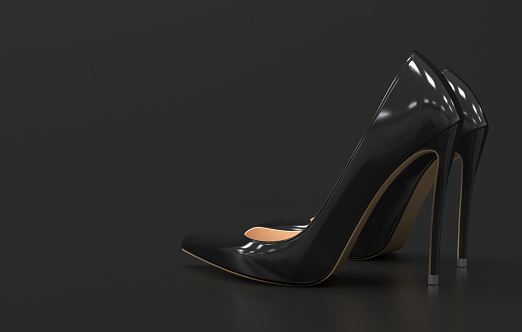 Pair of black womens high-heeled shoes with a pointed toe stand on the plain black background. Black pumps shoes in a classic style. Monochrome illustration. 3D rendering