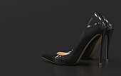 Pair of black womens high-heeled shoes with a pointed toe stand on the plain black background. Black pumps shoes in a classic style. Monochrome illustration. 3D rendering.