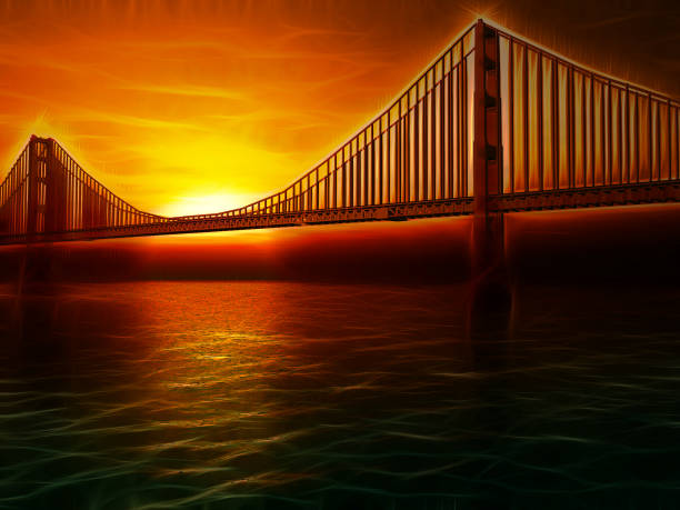 golden gate brücke illustration - orange golden gate bridge tower suspension bridge stock-fotos und bilder