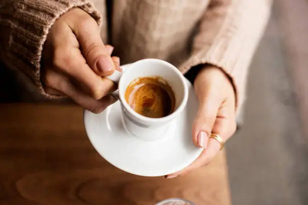 Photo of Coffee Cup, Lady's hands holding Coffee Cup, Woman holding a white mug, Espresso in white cup