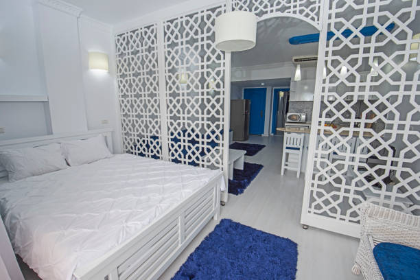 Interrior design of bedroom in studio apartment