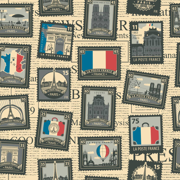 illustrations, cliparts, dessins animés et icônes de modèle sans couture avec français timbres-poste - louvre