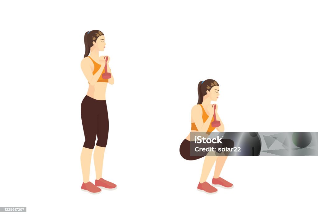 Sport women doing Fitness with Narrow-Stance Goblet Squat while dumbbell vertically in front of the chest in 2 steps.Hips Exercise training. Sport women doing Fitness with Narrow-Stance Goblet Squat while dumbbell vertically in front of the chest in 2 steps. Illustration about Hips Exercise training. Exercising stock vector