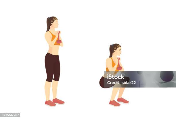 Sport Women Doing Fitness With Narrowstance Goblet Squat While Dumbbell Vertically In Front Of The Chest In 2 Stepships Exercise Training Stock Illustration - Download Image Now