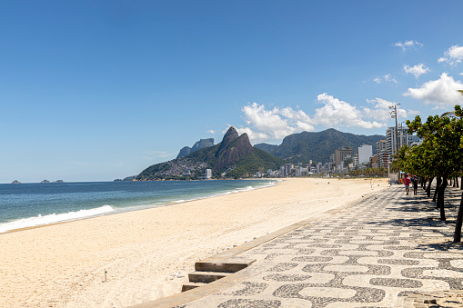 Rio de Janeiro, Brazil - March 27, 2020: No one walking on empty Ipanema beach during the coronavirus pandemic in rio de janeiro Brazil