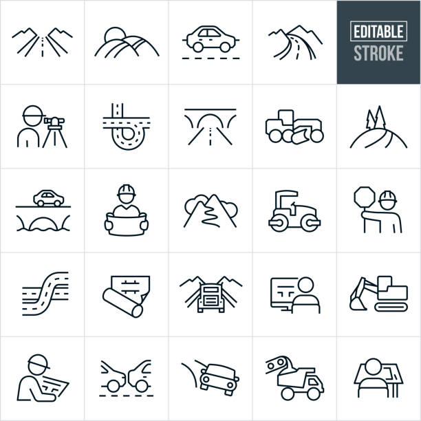 A set of roads and road construction icons that include editable strokes or outlines using the EPS vector file. The icons include a country road, highway, freeway, car driving on road, mountain road, surveyor, offramp, city road, bridge, earth grader, construction equipment, engineer with blueprints, construction worker, road roller, blueprint, excavator, traffic, dump truck, architect at drafting table and other related icons.