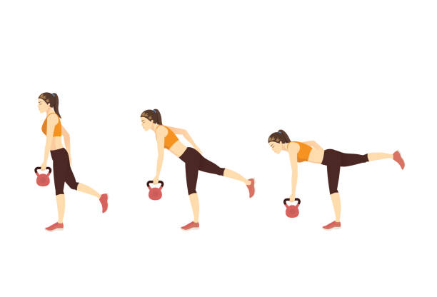 ilustraciones, imágenes clip art, dibujos animados e iconos de stock de sport woman haciendo ejercicio de tiro a piernas individuales mientras sostiene la mancuerna de la campanilla en sus manos en 3 pasos. ilustración sobre fitness con equipos ligeros. - agacharse ilustraciones