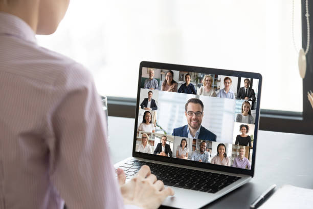 istock Multiracial people involved in group video call pc screen view 1225618936