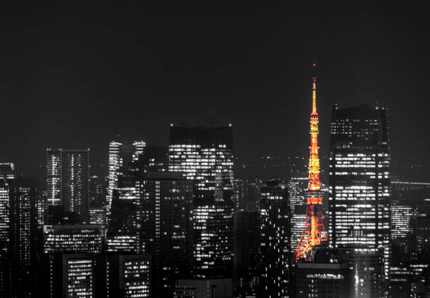 tóquio, japão - 18 de novembro de 2019: vista do horizonte da cidade de tóquio e edifício de negócios de escritórios no centro do centro com a torre de tóquio à noite no japão. turismo asiático, vida na cidade moderna, ou conceito de finanças em - hamamatsucho - fotografias e filmes do acervo
