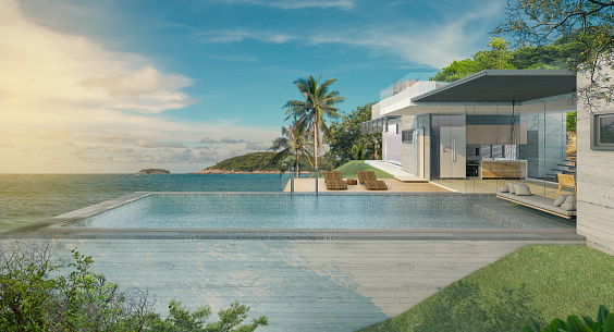 Swimming pool overlooking view sea and clear sky ,beach house,background,summer holiday,3d render