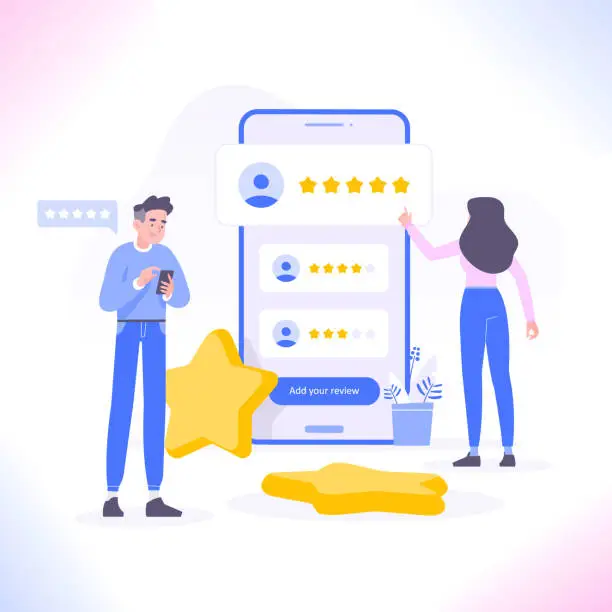 Vector illustration of Feedback or customer review concept. People giving positive review and rating. Client satisfaction and user experience concept, vector illustration