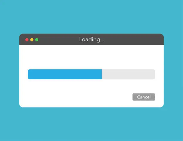 Vector illustration of Loading window with progress bar. Template of downloading or uploading status. Cancel button. Close and minimize buttons in modern style. Loading file indicator. Loader from computer to web.