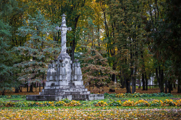 Kaunas, Lithuania - October 5, 2019: Dead for the Fatherland the monument in Serenity park, errected 1930 in place of graves of unknown soldiers, sculptor Stasys Stanisauskas.