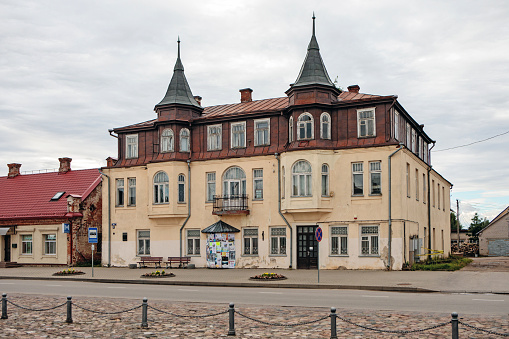 Rokiskis, Lithuania - July 16, 2017: The old buildings in the central square of Rokiskis, a town in northeastern Lithuania.