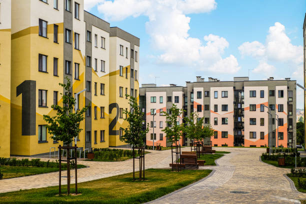 Affordable housing in Southwestern residential area of Novaya Zhizn, Belgorod, Russia. Belgorod, Russia - July 29, 2019: Southwestern residential area of Novaya Zhizn (New Life) city district. New residential neighbourhood with typical simple buildings. Affordable housing. belgorod photos stock pictures, royalty-free photos & images