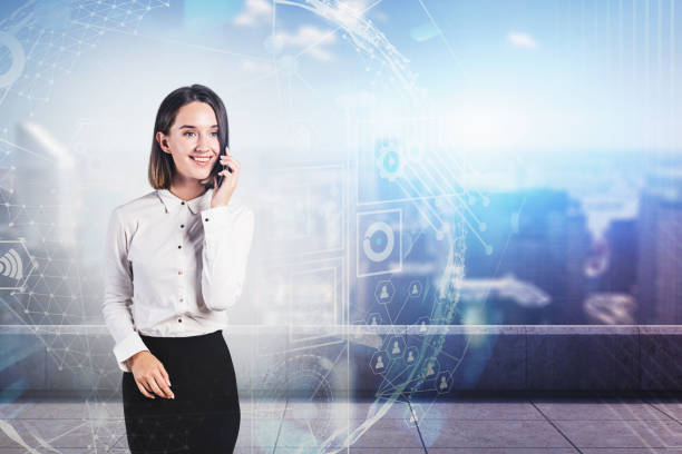 istock Woman on phone in city, business interface 1225626150