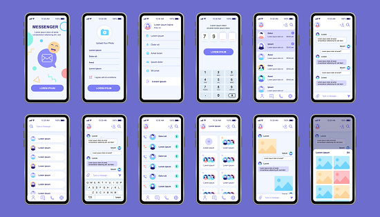 Online messenger unique design kit for app. Social network screens with user menu and profile, contacts, chat with keyboard. Mobile messenger UI, UX template set. GUI for responsive mobile application