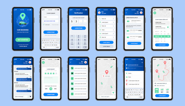 ilustrações de stock, clip art, desenhos animados e ícones de car booking unique design kit for mobile app. online rent car order screens with chat, rating, user profile and city map. - business form smart phone customer